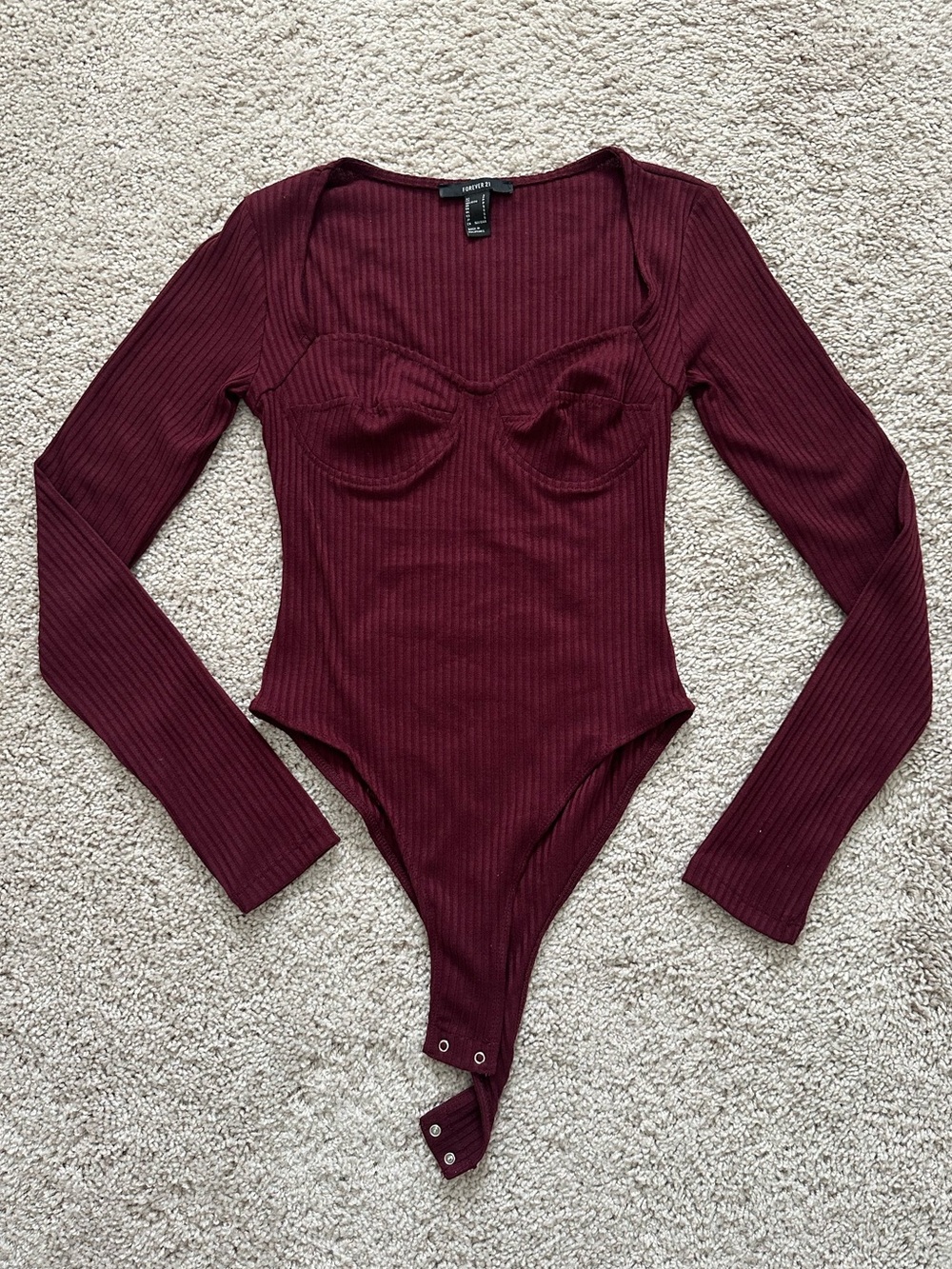 Forever 21 Ribbed Long Sleeve Bodysuit - Burgundy